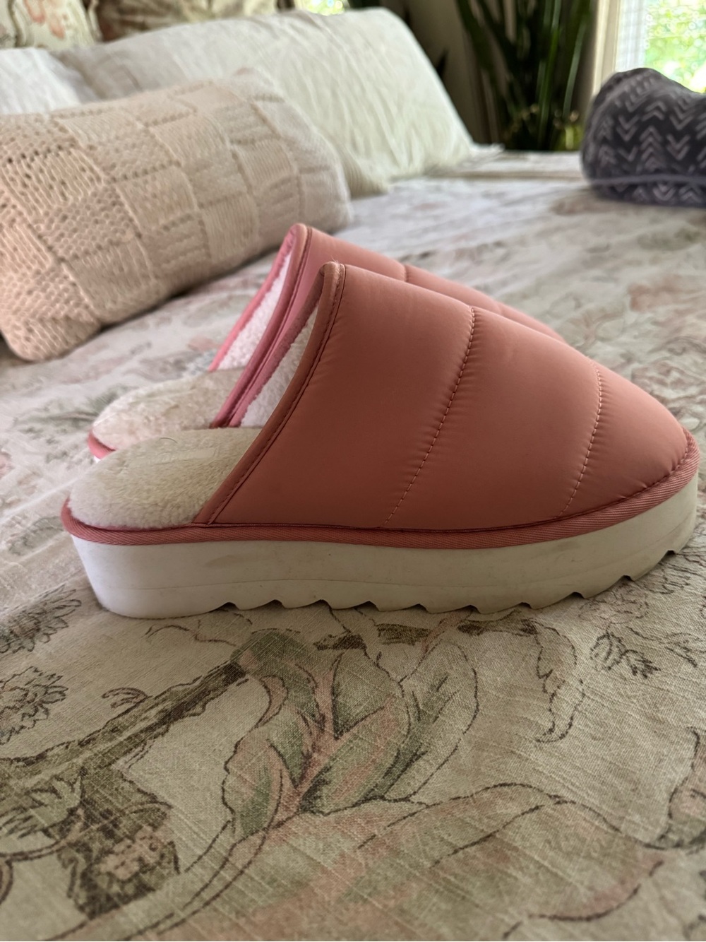 Maeve Quilted Slide Slippers in Dusty Rose with White Sole